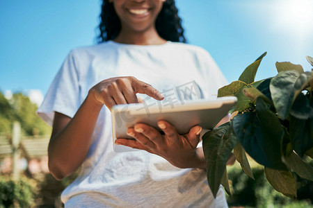 黑人妇女、手和平板电脑为农业、生态友好或农场可持续发展而微笑。