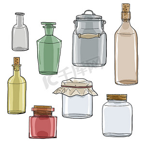 一套手绘空罐子和瓶子复古艺术可爱点检