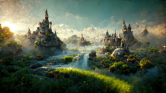 梦幻城堡森林摄影照片_梦幻风格的山谷景观，河流和山上的城堡