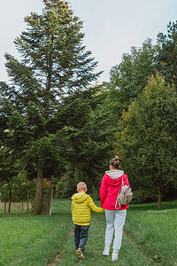 美丽的家庭-妈妈带着小儿子在秋天阳光明媚的大自然中散步。