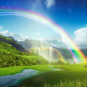 风景摄影照片_与彩虹和瀑布的夏天风景