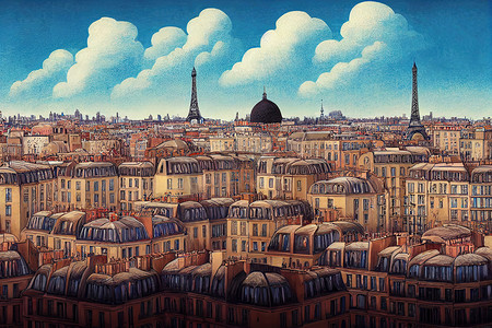 休假卡通摄影照片_典型屋顶的卡通风格巴黎视图