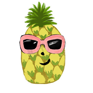 太阳镜中有趣的水果菠萝的手绘插图，夏季可爱的角色。