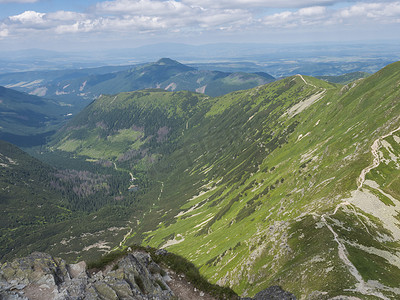 从 Smutna dolina 山谷的 Smutne sedlo 马鞍和美丽的蓝色山湖 Tatialkovo jezero 与绿色山峰、西塔特拉山脉、Rohace 斯洛伐克、夏日晴天蓝天