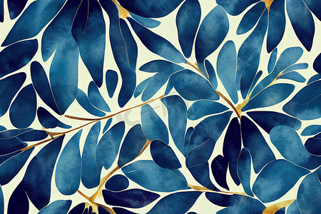 蓝色叶子纹理图案。水彩花卉背景。无缝模式可以是