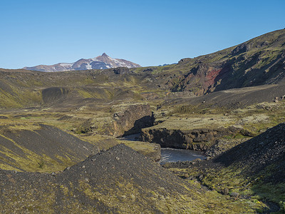 冰岛风景与蓝色 Markarfljot 河峡谷、绿色山丘和 Tindfjallajokull 冰川山峰。 