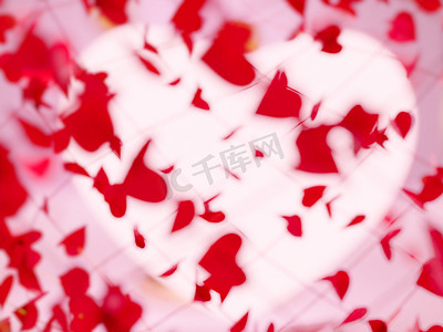情人节快乐的模糊背景与红心剪纸形状的 3d 渲染。