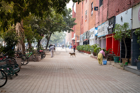 昌迪加尔 17 区市场的清晨场景显示人们在这个标志性区域的品牌商店和食品店前购物、停放自行车和清洁