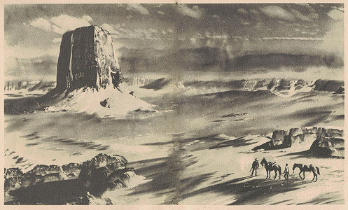黑白插图显示了沙漠山区骑马的人。