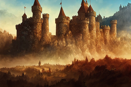 中世纪奇幻城堡景观-数字 2d 插图