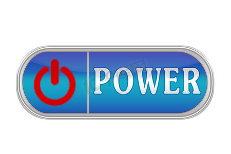 带有象形文字和“POWER”字样的大容量蓝色按钮