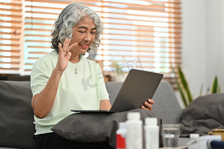 老年妇女在家中通过互联网与医生进行视频通话