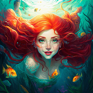 美人鱼手摄影照片_美丽的红头发美人鱼，插图