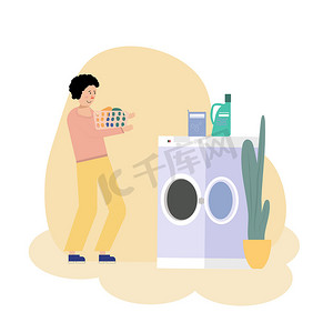 男孩用洗衣机洗衣服插画