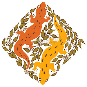 手绘插图与黄色橙色壁虎蜥蜴，复古复古两栖动物在中世纪现代，浆果叶树枝花卉背景，时尚自然主题。