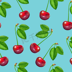 樱桃图案摄影照片_插图现实主义无缝图案浆果葡萄酒樱桃与浅蓝色背景上的绿叶