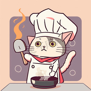 卡通厨师帽摄影照片_厨师的猫戴着厨师帽的卡通形象，他在厨房里做饭，卡通