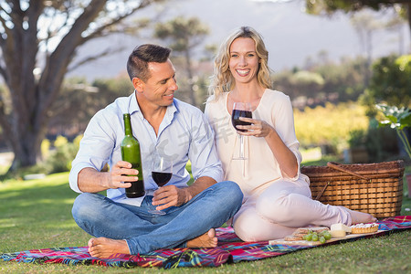 一对微笑的夫妇坐在野餐毯上喝酒的肖像