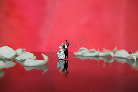 微型摄影 — 花园花卉户外婚礼概念，新娘和新郎走在亮闪闪的地板上，铺着白玫瑰花瓣