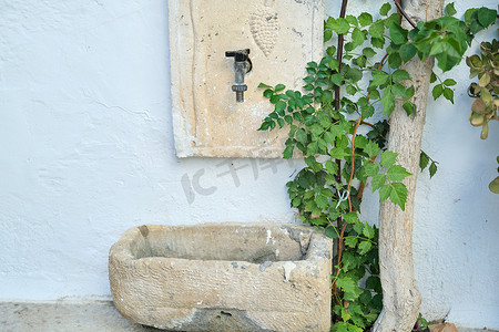 户外石洗脸盆、休闲区、用绿色植物装饰的石墙