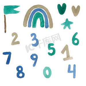 一组水彩数字从 1 到 9 符号