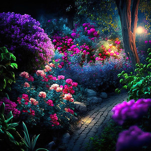 阳光下的魔法花园，美丽的花朵。