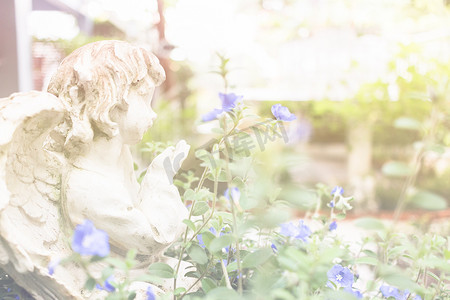 天使丘比特，花园中的白色石膏雕像