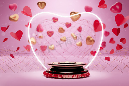 金色的心摄影照片_情人节快乐的讲台圆形舞台，在粉红色背景上用红色和金色的心形剪纸 3D 渲染。