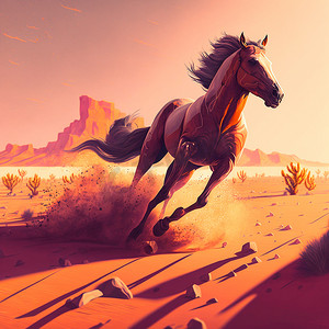 马跑过沙漠，踢起沙子