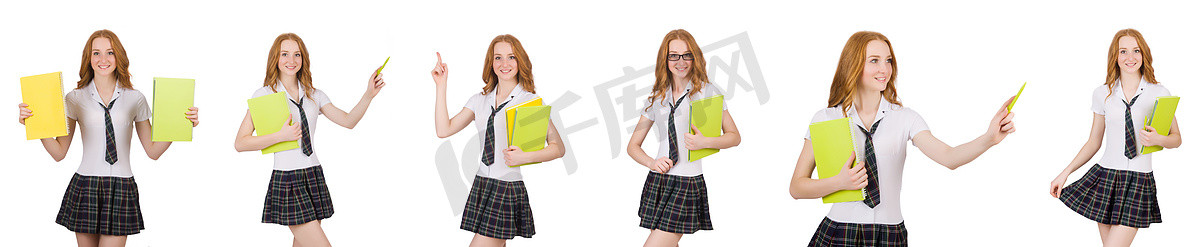 年轻女学生指向孤立在白色
