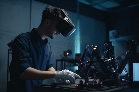 男子三维虚拟眼镜工程师机器人技术未来创新 3d 机器人现实。