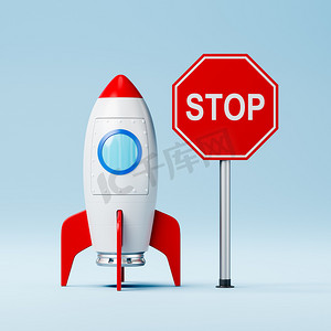 卡通火箭红色摄影照片_卡通宇宙飞船和蓝色背景上的红色停止路标