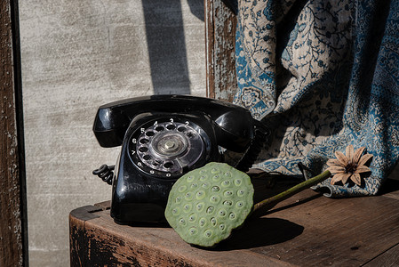 新鲜的莲子摄影照片_新鲜的绿色莲子荚与旧黑色复古旋转电话。