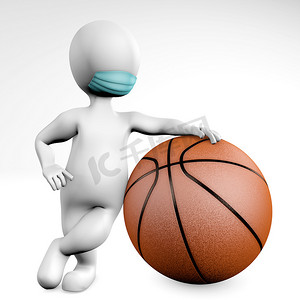 男子与篮球 3d 渲染球的面具