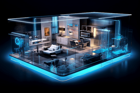 3D效果智能家居微缩房屋模型科技背景