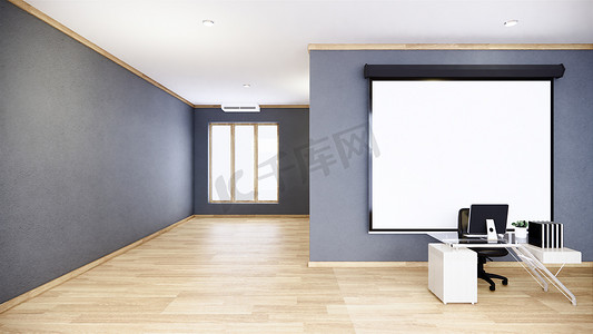 会议室墙摄影照片_空荡荡的灰色会议室内部，白色墙上铺有木地板