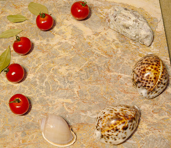 蔬菜、贝壳、大理石表面的鸡蛋：圣女果、月桂叶、牡蛎、贝壳、鸡蛋