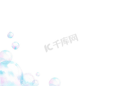 水彩气泡夏天摄影照片_肥皂气泡，海底效应，白色背景上的水彩手绘隔离