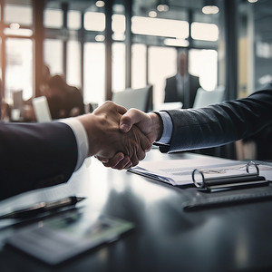 商务人士、在公司会议上为 b2b、交易或协议在办公室握手和合作。