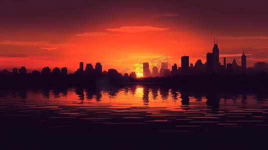 日落时靠近水体的城市建筑的轮廓