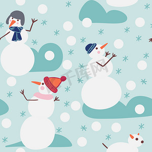手绘雪人可爱摄影照片_手绘无缝图案与雪人在蓝色背景下的冬雪中玩雪球。