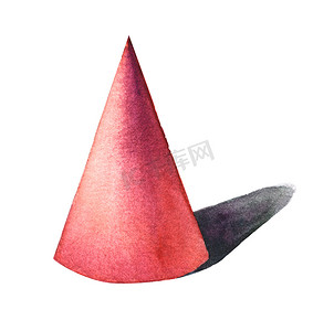 红色锥体，基本几何形状，具有水彩风格的戏剧性光影。