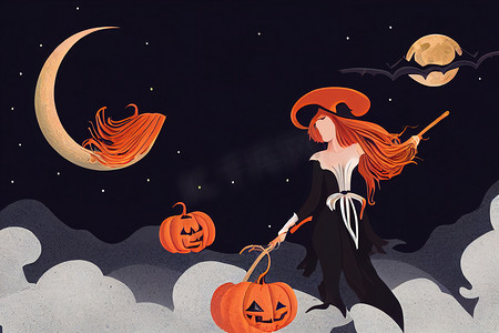 女巫图标摄影照片_漂亮的女巫，戴着怪异帽子的红发女人骑着扫帚飞