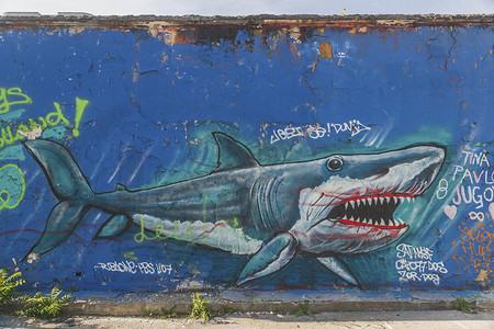 2020年9月，斯洛文尼亚卢布尔雅那：涂有嘴唇的涂鸦鲨鱼