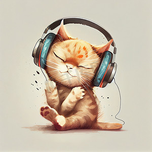 戴着蓝色大耳机的风趣姜猫，听音乐