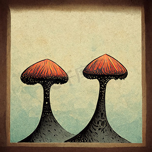秋天森林卡通摄影照片_卡通风格的彩色蘑菇，有毒且健康，扁平风格的素食。