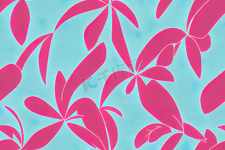 热带二维绿叶无缝图案粉红色背景。