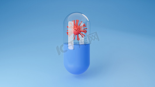 蓝色背景药丸胶囊中的红色冠状病毒或 covid-19。疾病爆发的抑制和医疗技术。3d 模型和插图。