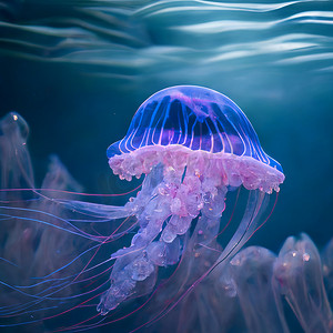 海底鱼背景摄影照片_美丽的水母在海底世界与内发光