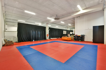 一个蓝色和橙色地板的健身房和